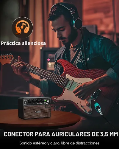 Miniatura 8 de Flatsons FBA-10 Amplificador de Guitarra, Amplificador Eléctrico Mini de 10W con Canal Limpio/Drive, 6H de Funcionamiento, Recargable por USB-C