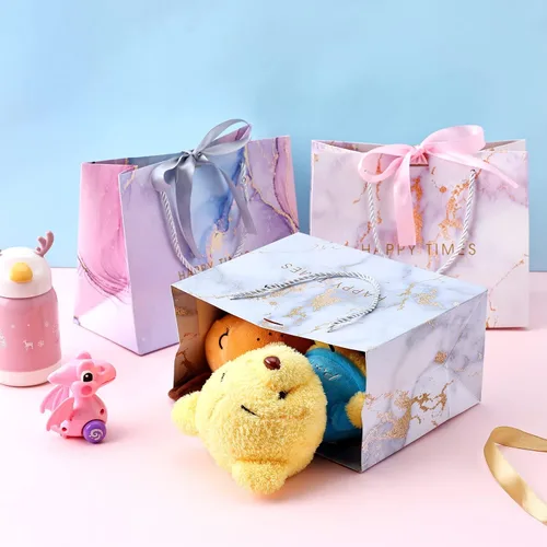 Miniatura 4 de JMANNI Bolsas de regalo, 3 piezas de tamaño mediano con cinta de lazo, bolsa de regalo de papel portátil, patrón de mármol, para cualquier ocasión