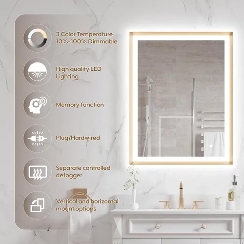 Miniatura 2 de WELLFOR Espejo de baño LED de 28 x 36 pulgadas, espejo de tocador de baño con luz, espejo de pared de baño, espejo de baño iluminado, montaje