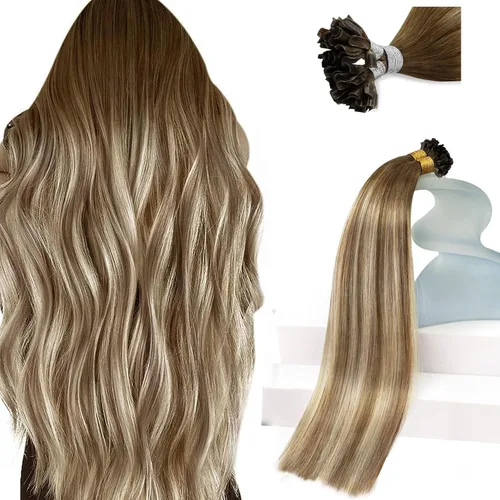 Sunny Hair - Extensiones de cabello humano U-tip, balayage, extensiones de cabello humano castaño con rubio degradado, K-tip, extensiones de cabello