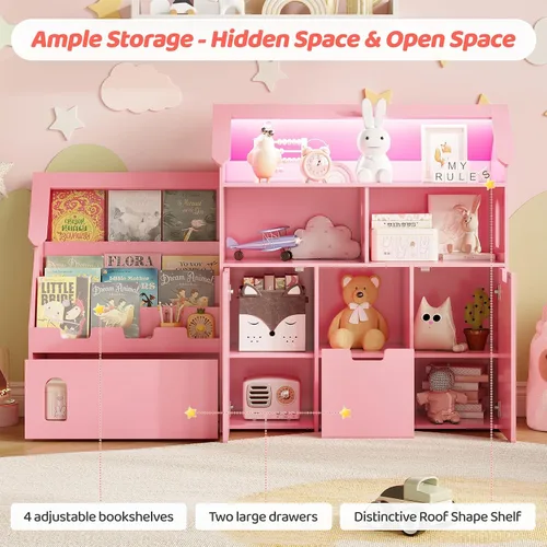 Miniatura 6 de Vabches Organizador de almacenamiento de juguetes de 70 pulgadas, estantería para niños en forma de castillo con 2 cajones extraíbles, 2 gabinetes