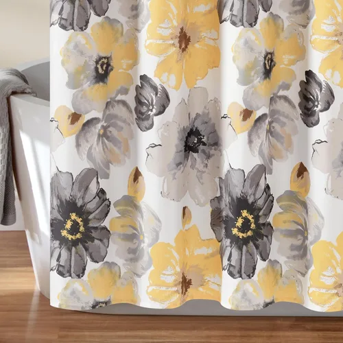 Miniatura 5 de Lush Decor Leah Cortina de Ducha Floral, 72" An x 72" L, Amarillo y Gris - Cortinas de Ducha de Tela - Cortina de Baño Botánica de Acuarela