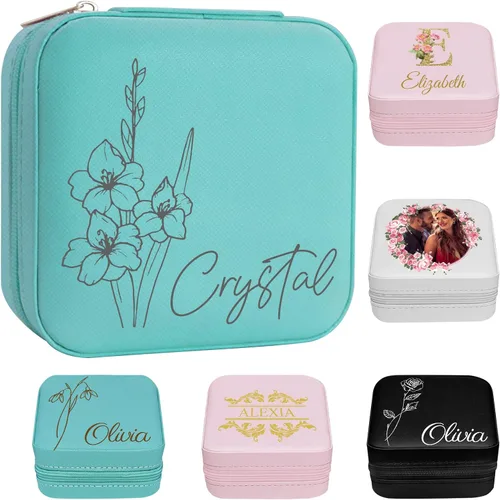Miniatura 14 de Joyero personalizado para regalos de dama de honor, flor de nacimiento, inicial, joyería de viaje personalizada para mujeres, organizador de joyas