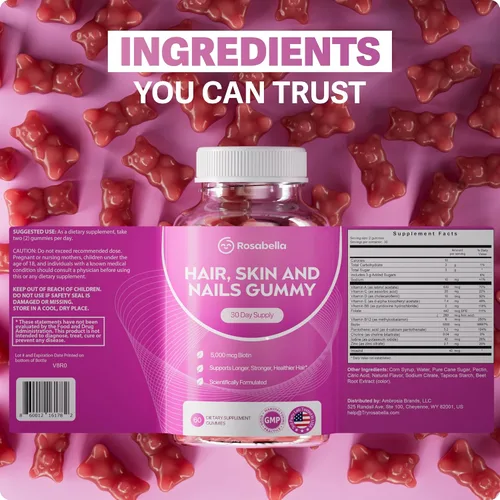 Miniatura 6 de Rosabella Gomitas para el crecimiento del cabello para mujeres y hombres – Gomitas veganas para el cabello con 5000 mcg de biotina – Vitaminas