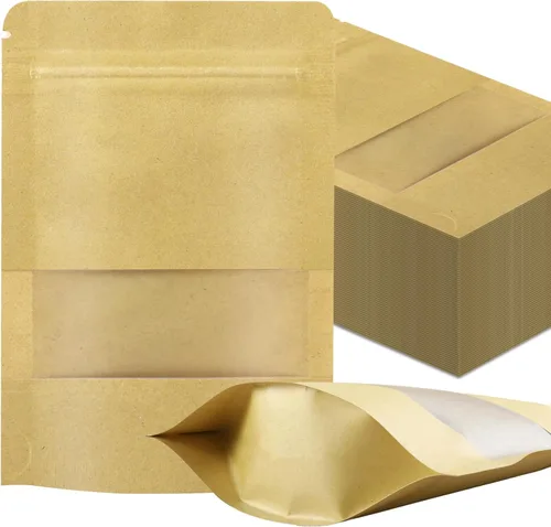 Miniatura 10 de 100 bolsas resellables, bolsas de papel kraft verticales con ventana mate, bolsas de almacenamiento de alimentos con cierre de cremallera
