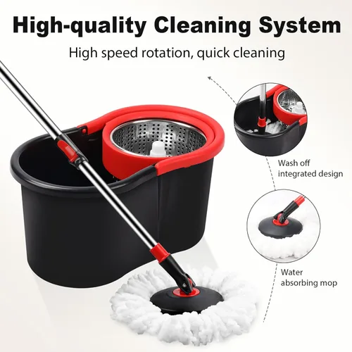 Miniatura 4 de Trapeador giratorio y cubo, trapeador y cubo con escurridor para el hogar, herramienta de limpieza de pisos de cubo giratorio 360 con 1 cabezal