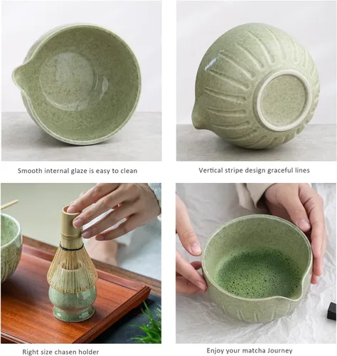 Miniatura 3 de TANG PIN Juego de matcha – Tazón de matcha con boquilla y batidor, 15 onzas, cuchara de matcha Soporte para batidor de Matcha (soporte Chasen)