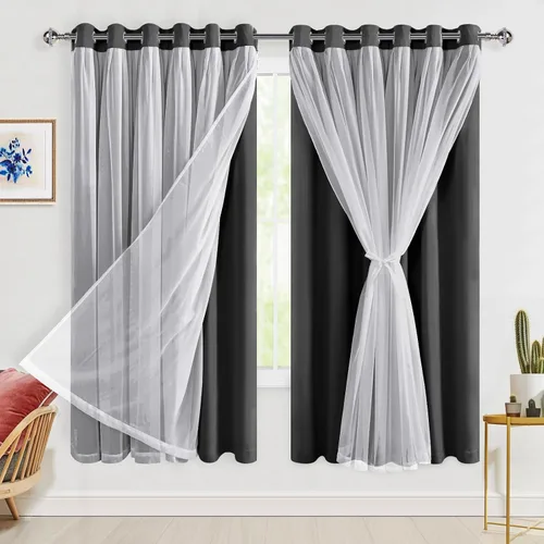 Miniatura 34 de Hiasan Cortinas opacas con superposición transparente, aislamiento térmico para mezclar y combinar de doble capa, cortinas de oscurecimiento de Beige