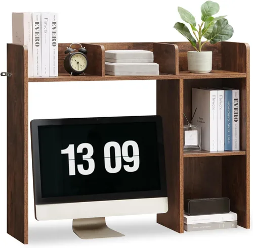 Nromant Estantería de escritorio, gabinete de almacenamiento de escritorio de madera con 5 estantes, organizador de escritorio de 3 niveles para
