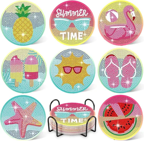 Leatrice Juego de 8 posavasos de diamantes para playa, pequeños kits de pintura de diamantes para adultos, puntos de diamantes redondos de
