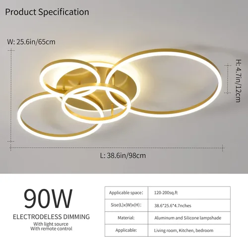 Miniatura 4 de Lámpara de techo LED moderna de 90 W, regulable, con control remoto, 5 anillos, lámpara de techo de acrílico dorada para sala de estar, dormitorio