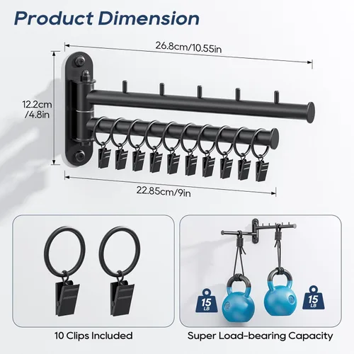 Miniatura 3 de Estante de secado de pared, 2 niveles con brazo oscilante, colgador de ropa plegable que ahorra espacio con 10 clips para lavandería, organizador