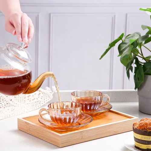Miniatura 8 de Juego de 6 tazas de té y platillos de vidrio de GURUDAR, tazas de café de vidrio con cuchara de acero inoxidable, tazas aptas para lavavajillas