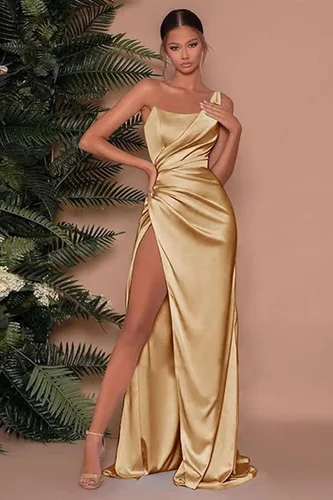 Miniatura 5 de Vestido de dama de honor de satén de un hombro para mujeres, adolescentes, vestidos largos de graduación con abertura, vestidos de fiesta formales
