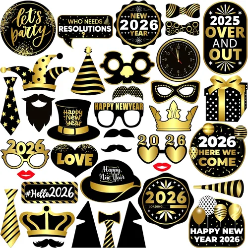 KatchOn, Accesorios para cabina de fotos de Nochevieja 2024 – Paquete de 35 | Accesorios de cabina de fotos de Año Nuevo dorado y negro para