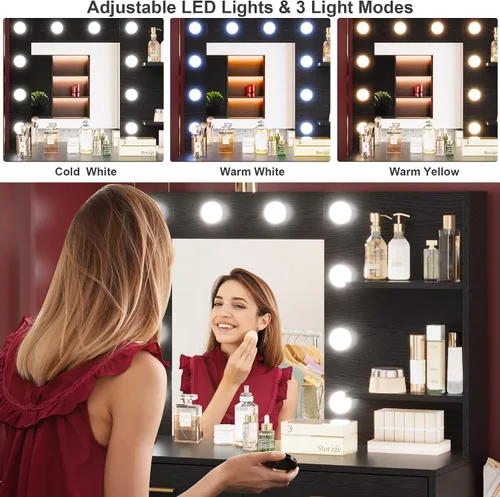 Miniatura 6 de GarveeHome Escritorio de maquillaje de 61 pulgadas con espejo y luces, tocador negro con 8 cajones de almacenamiento anchos y estantes de 2 niveles
