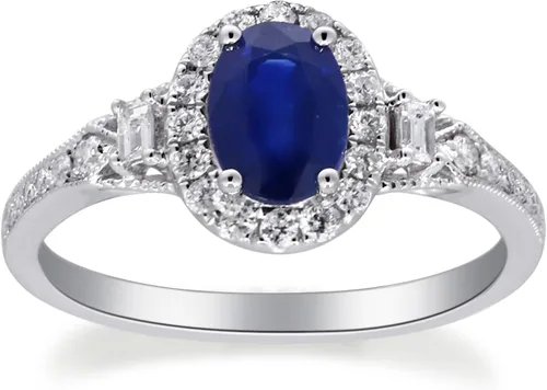 Gin & Grace Anillo de zafiro azul genuino de oro blanco de 14 quilates con diamantes para mujer. Joyas hechas a mano de zafiro con forma de óvalo,