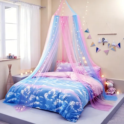 Toldo de cama arcoíris con luces para niñas, toldo para habitación de niñas, red de cama para cama individual, individual, matrimonial, queen,