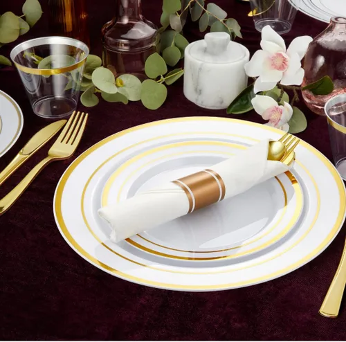 Miniatura 2 de R-kay Juego de vajilla de plástico dorado de 350 piezas para 50 invitados, platos de plástico dorado para fiestas, platos de fiesta y tazas