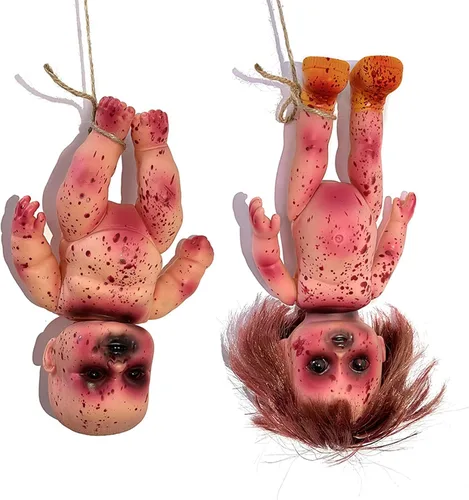 2 muñecas espeluznantes de Halloween, de 10 pulgadas, muñeca de zombi colgante aterradora con cuerda, decoración de terror de terror de Halloween,