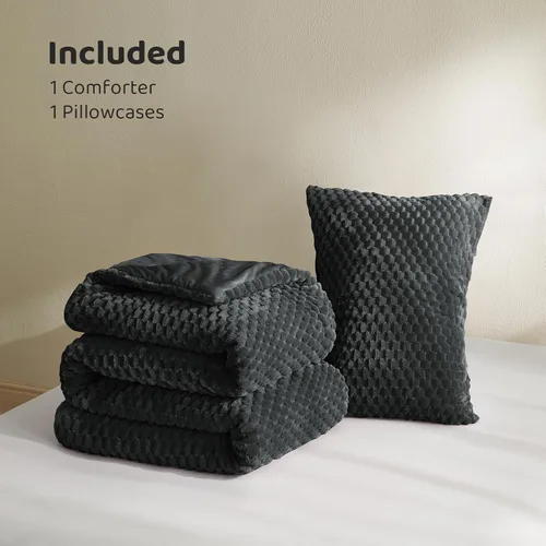 Miniatura 6 de Petrichor Juego de edredón esponjoso tamaño individual, edredón grueso de franela negra ultrasuave para cama Queen, juego de ropa de cama cálido