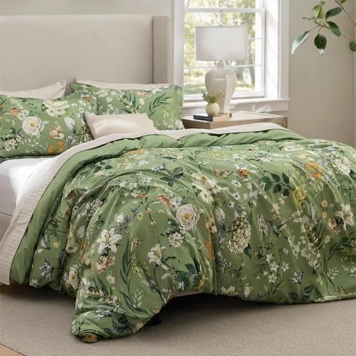 Miniatura 16 de Bedsure - Juego de edredón tamaño King, juego de ropa de cama floral lindo, 3 piezas, 1 edredón reversible suave verde salvia con flores botánicas
