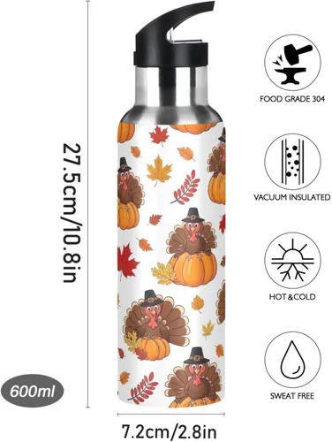 Miniatura 9 de BPA-Free Sport Water Bottle Insulated 20 Oz, Stainless Steel Vacuum Insulated Water Bottle for Gym Outdoor Travel School, Cartoon Turkeys Hats