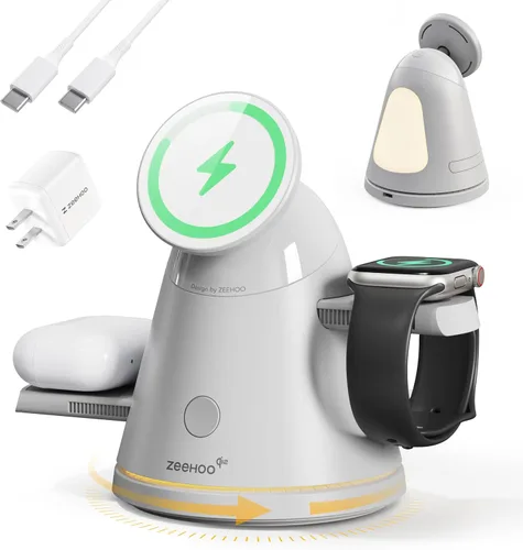 ZEEHOO Estación de Carga 3 en 1 para Dispositivos Apple, Soporte de Carga Mag-Safe Qi2 y Luz, Estación de Carga Inalámbrica Rápida 30W para iPhone