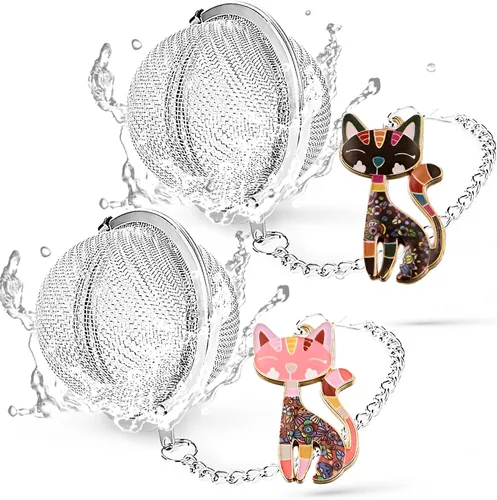 TeaSanavie Paquete de 2 infusor de té para gatos, hojas de té sueltas con divertidos dijes de gato rosa y negro, bola de té de malla fina para té de