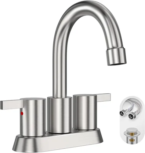 Phiestina Grifo de Lavabo de Baño de Níquel Cepillado de 4 Pulgadas con 2 Manijas Centerset Sin Plomo, con Desagüe Emergente de Cobre y Líneas de