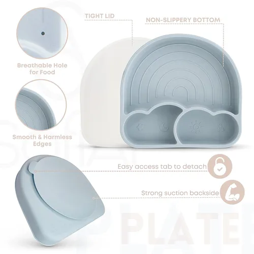 Miniatura 4 de Juego de alimentación de bebé de silicona no tóxica sin BPA – Placa de succión, cuenco, babero y taza – Juego de 11 piezas para bebés de 6 a 18 Azul
