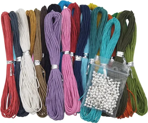 INSPIRELLE 20 Colores 1mm Cordón Hilo de Algodón Encerado para Hacer Joyas, Cuentas, Manualidades, Macramé con 200 Cuentas de Metal Plateado, 10