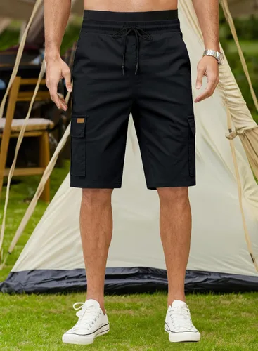 Miniatura 3 de JMIERR Pantalones cortos de sarga para hombre con cordón de algodón clásico elástico con 6 bolsillos