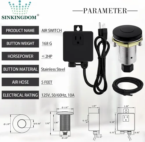 Miniatura 2 de Kit de interruptor de aire para triturador de basura con botón de acero inoxidable, negro mate