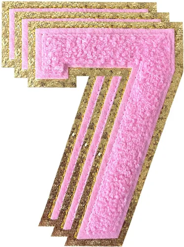 Miniatura 154 de 3 parches de números de chenilla negra, tamaño grande de 4-1/2" parches de números para planchar, parches universitarios para ropa, 8" Borde oro rosa