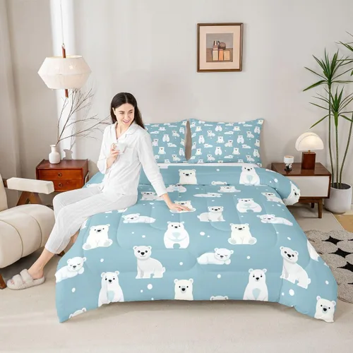 Miniatura 2 de Erosebridal Juego de ropa de cama de oso polar, tamaño individual, juego de edredón de oso blanco con patrón de animales, edredón de microfibra Oso