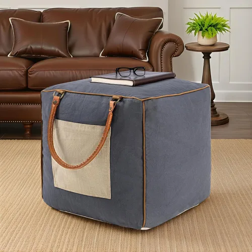 Puf otomano de mezcla de algodón de tejido plano con bloques de color azul/beige para decoración del hogar | Reposapiés industrial hecho a mano para