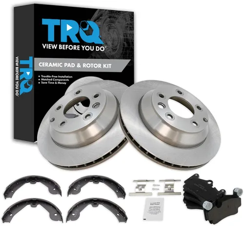 Miniatura 136 de TRQ Kit de pastillas de freno y rotor Posi trasero premium con zapatas de estacionamiento para camión GM SUV