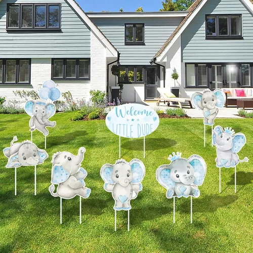 Fumete 8 carteles para baby shower para niño, elefante, bienvenida, bosque, fiesta de género, con estacas para "It's a boy", decoración de césped al