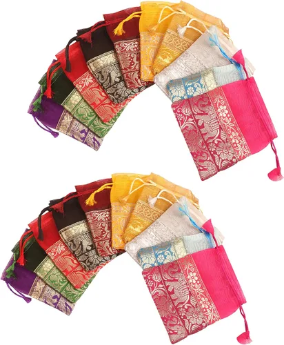 Miniatura 9 de Touchstone Preciosas bolsas de regalo reutilizables, respetuosas con el medio ambiente, con cordón grande con patrón de elefante brocado
