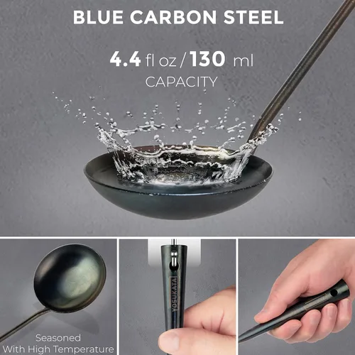 Miniatura 5 de YOSUKATA Juego de utensilios para wok pre-sazonados, espátula de acero al carbono azul de 17 pulgadas, cucharón de wok, 3 pares de palillos