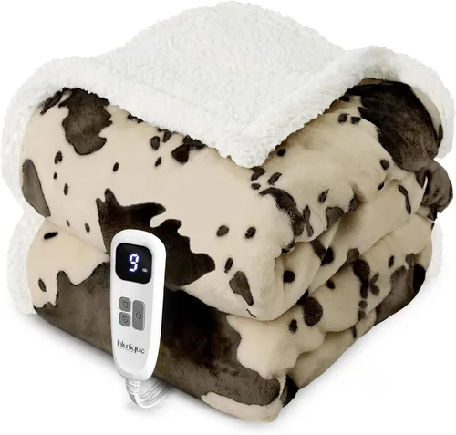 Miniatura 13 de Manta térmica con estampado de vaca, manta eléctrica, manta térmica con 10 niveles de calor y 10 horas de apagado automático, acogedora y suave
