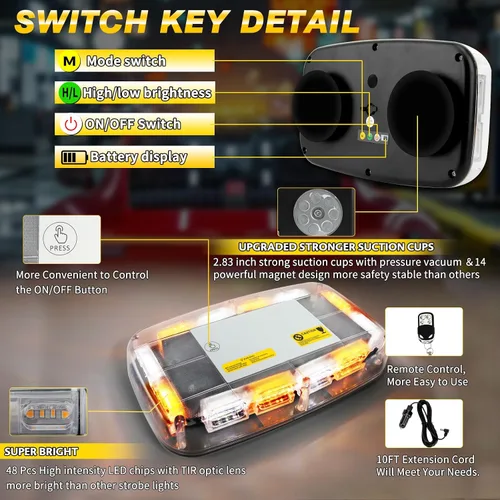 Miniatura 4 de Luz estroboscópica recargable para techo, ámbar y blanca, de emergencia, inalámbrica, con batería, 17 modos de parpadeo, brillo alto y bajo, luces