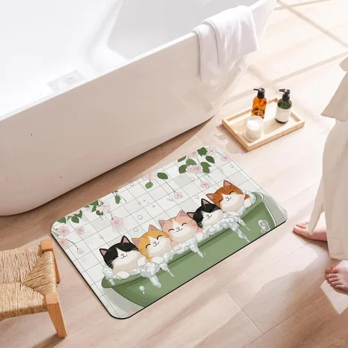 Miniatura 3 de Alfombras de baño de diatomáceas, bonita decoración de baño de gatos, alfombra de baño antideslizante con flores rosadas, de secado rápido, fácil