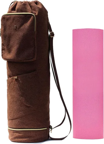 Miniatura 10 de ESVAN Bolsa para esterilla de yoga con múltiples bolsillos. Bolsa de transporte con cordón para esterilla de yoga, Pilates, ejercicio. Bolsa de Lino