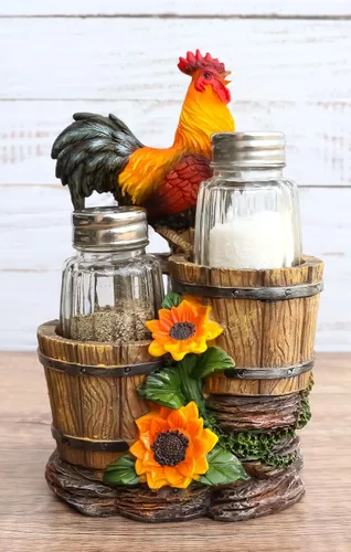 Miniatura 7 de Ebros Girasol Granja Gallo de pie en la valla por cubos de madera antiguos de cristal Salero y Pimentero Figura de soporte 6.5 pulgadas de alto