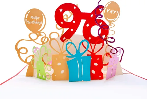 Miniatura 2 de iGifts And Cards Tarjeta desplegable 3D de cumpleaños 96, regalos coloridos y celebración de hitos de globos, saludo sincero para personas mayores