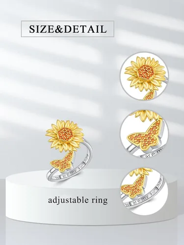 Miniatura 2 de Anillo ajustable de abejamariposamostazacolibrígatoarco iris para mujer, plata de ley 925, anillos de cuchara para mujer, tamaño adecuado