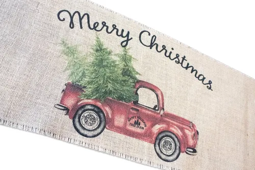 Camino de mesa vintage de arpillera con diseño de camión rojo feliz Navidad