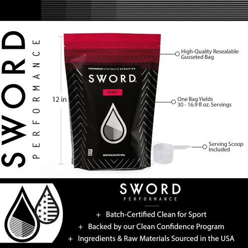 Miniatura 5 de SWORD PERFORMANCE Mezcla de bebida en polvo para reponer electrolitos, bayas, bolsa resellable de 30 porciones con cuchara